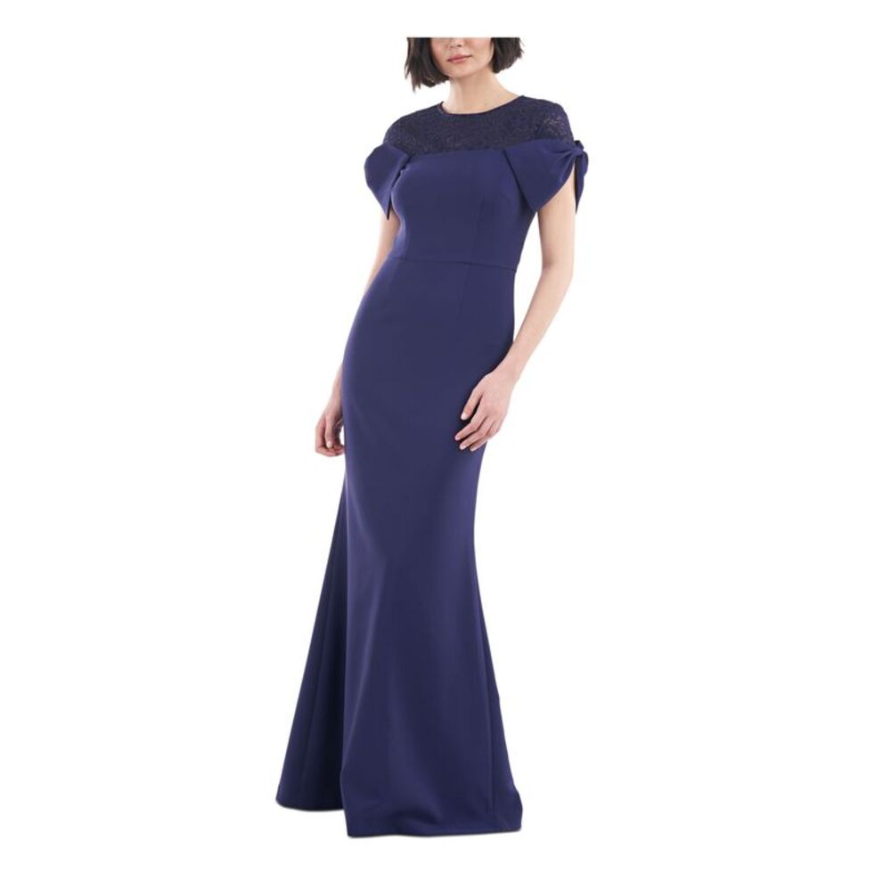 JS COLLECTION Womens Navy Bow Cap Sleeves Full-Length Formal Gown Dress 2